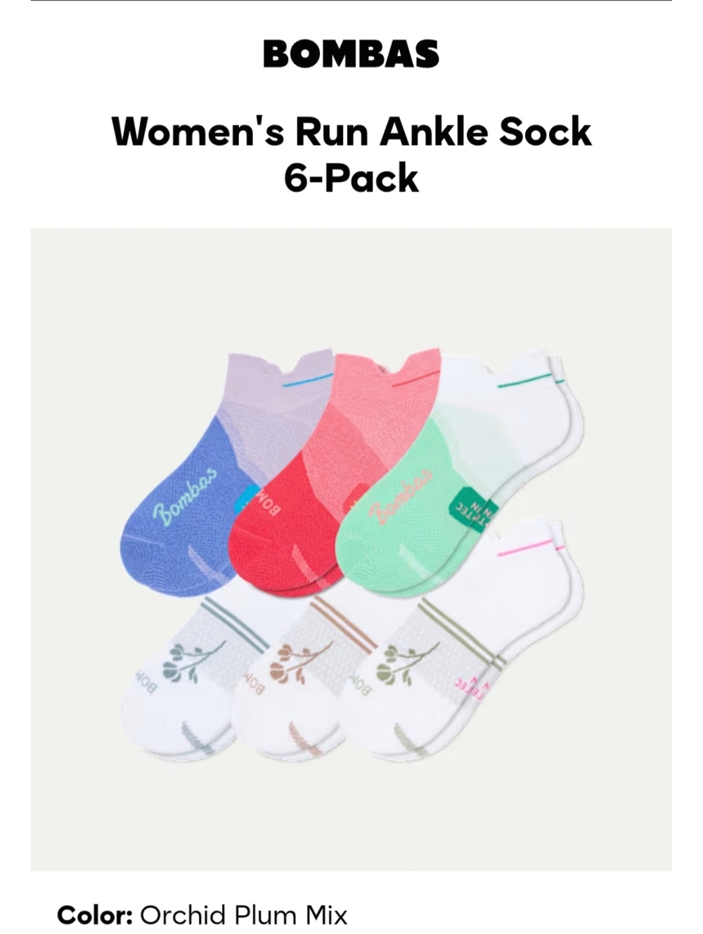 NWT Bombas Women's Run Ankle Sock 6-Pack Orchid Plum Mix - Medium
